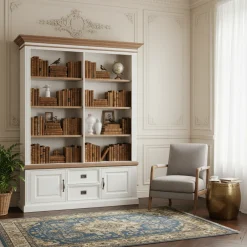 Bibliothèque 2 portes 2 tiroirs avec des panneaux de bossage "Chêne et Pin Romance"