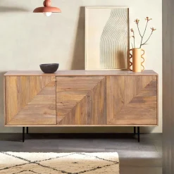 Buffet bas bois sculpté motif géométrique 3P | Manguier Maglan