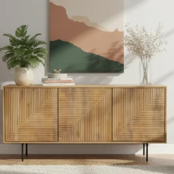 Buffet bas bois sculpté motif géométrique 3P | Manguier Maglan II
