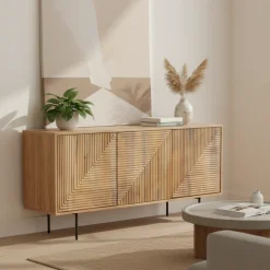 Buffet bas bois sculpté motif géométrique 3P | Manguier Maglan II