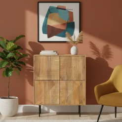 Buffet haut bois sculpté motif géométrique 4P | Manguier Maglan II