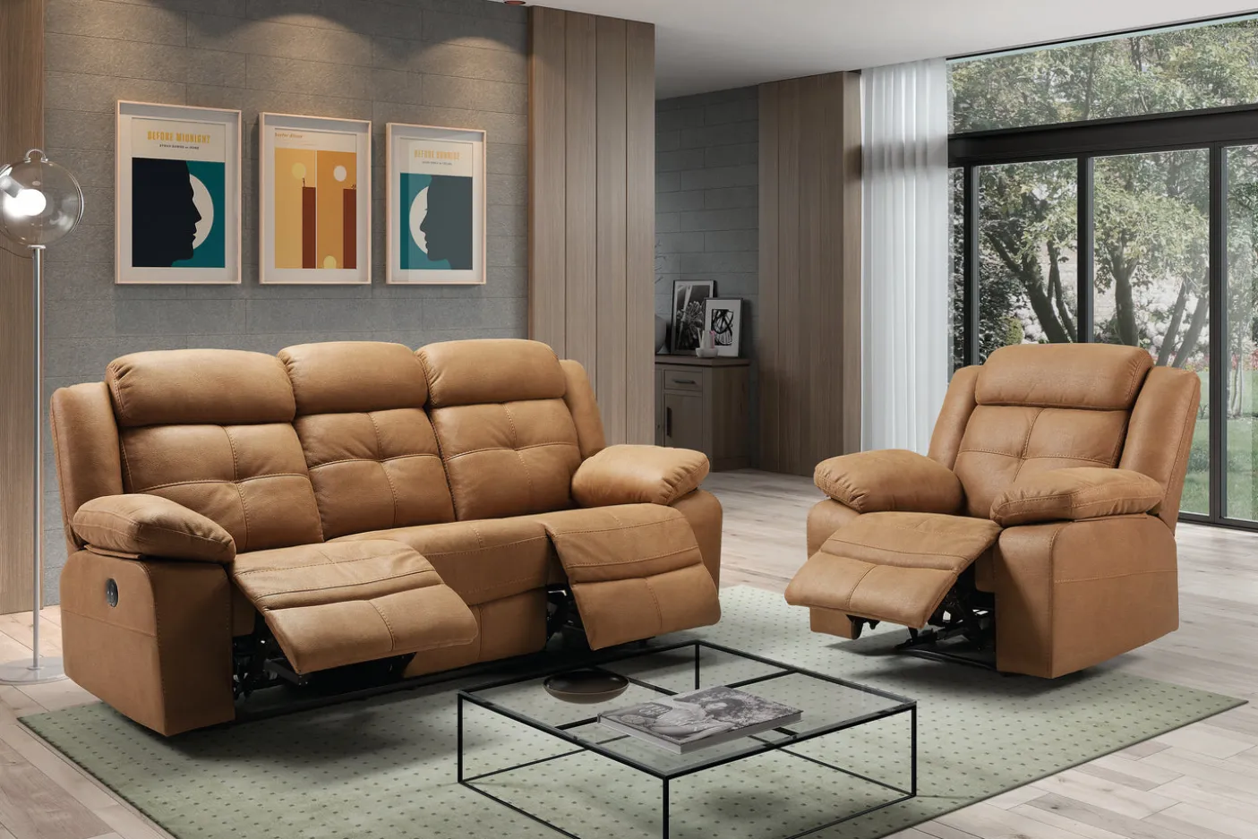 Canapé cuir 3 places, 2 relax manuel | Sydney Beige