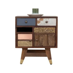 Chevet multi-matériaux peau de vache bois sculpté | Manguier Terranova