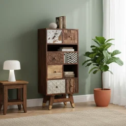 Chiffonnier multi-matériaux peau de vache bois sculpté | Manguier Terranova