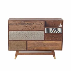 Commode multi-matériaux peau de vache bois sculpté | Manguier Terranova
