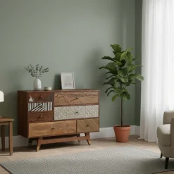 Commode multi-matériaux peau de vache bois sculpté | Manguier Terranova