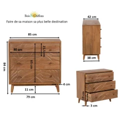 Commode sculptée 3 tiroirs en bois massif manguier - Floria