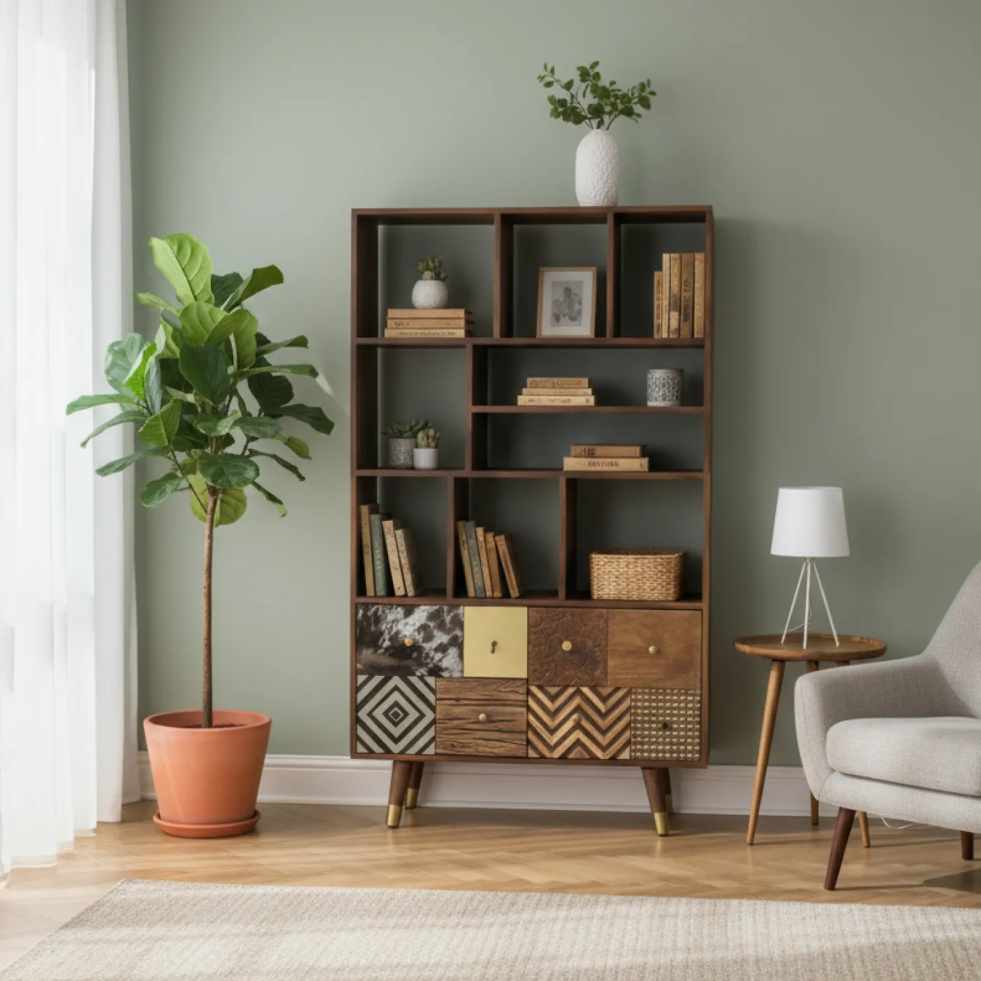 Etagère multi-matériaux peau de vache bois sculpté | Manguier Terranova