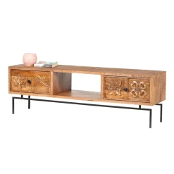 Meuble TV 2 tiroirs, 1 etagere 158cm en bois massif manguier - Sculture