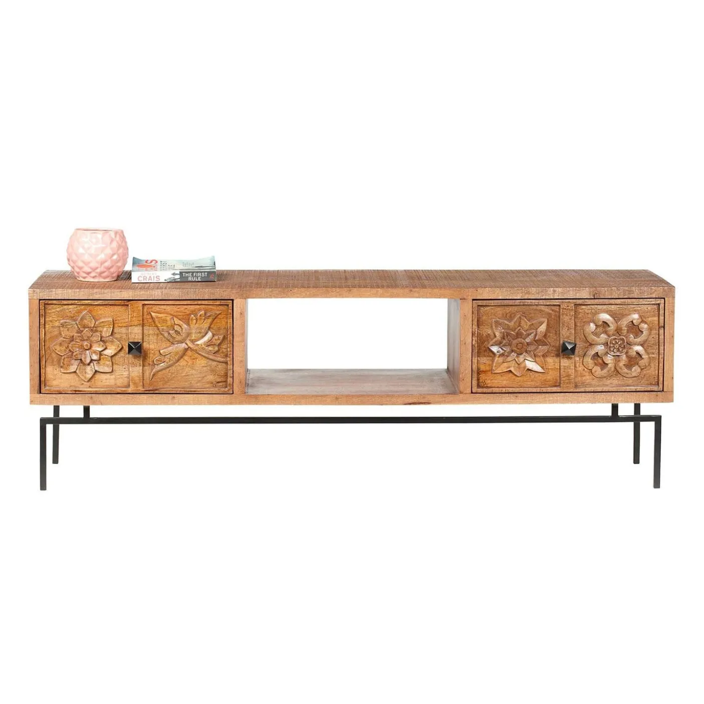 Meuble TV 2 tiroirs, 1 etagere 158cm en bois massif manguier - Sculture