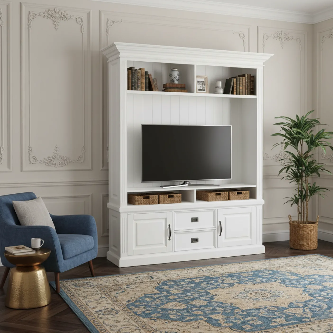 Meuble TV avec étagère 2 portes 2 tiroirs avec des panneaux de bossage "Romance"