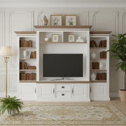 Meuble TV avec étagère 2 portes 2 tiroirs avec des panneaux de bossage "Chêne et Pin Romance"