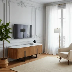 Meuble TV bas 4 portes plateau marbre blanc | Manguier Kfir II