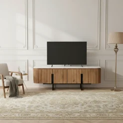 Meuble TV bas 4 portes plateau marbre blanc | Manguier Kfir II