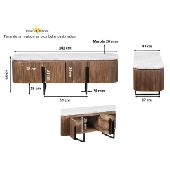 Meuble TV bas 4 portes plateau marbre | Manguier Kfir III