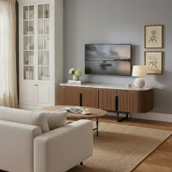 Meuble TV bas 4 portes plateau marbre | Manguier Kfir III