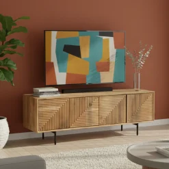 Meuble Tv bois sculpté motif géométrique 4P | Manguier Maglan