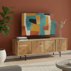 Meuble Tv bois sculpté motif géométrique 4P | Manguier Maglan II