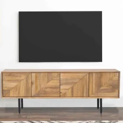 Meuble Tv bois sculpté motif géométrique 4P | Manguier Maglan II