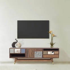 Meuble Tv multi-matériaux peau de vache bois sculpté | Manguier Terranova