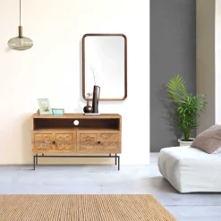 Petit meuble TV 2 tiroirs 104cm en bois massif manguier - Sculture