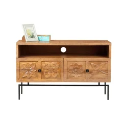 Petit meuble TV 2 tiroirs 104cm en bois massif manguier - Sculture