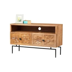 Petit meuble TV 2 tiroirs 104cm en bois massif manguier - Sculture