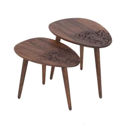 Set 2 tables d'appoint plateau sculpté bois massif | Acacia Adir