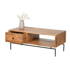 Table basse sculptée 1 tiroir, 1 niche en bois massif manguier - Sculture